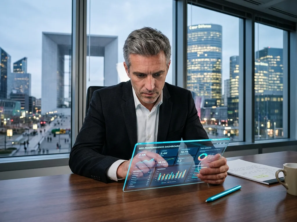 Avocat analysant un tableau de bord SEO montrant la croissance du trafic organique à La Défense.