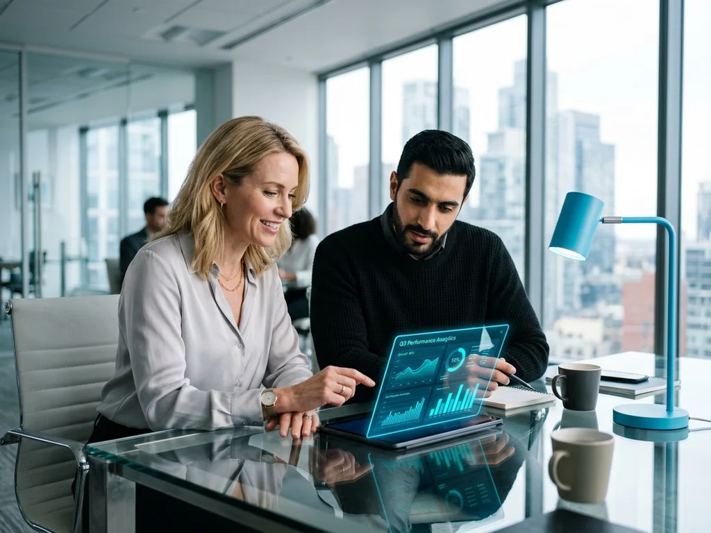 Consultant SEO et cliente analysant des graphiques de performance sur tablette à Nanterre.