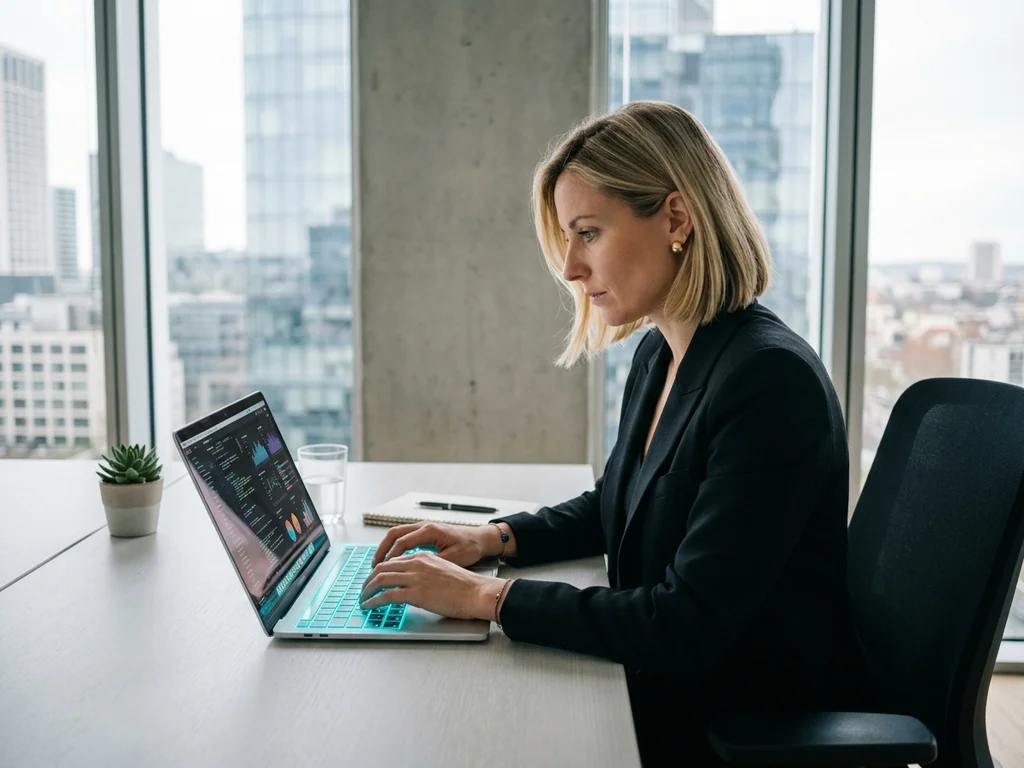 Consultante SEO analysant des données stratégiques sur un écran rétroéclairé dans un bureau à Nanterre.