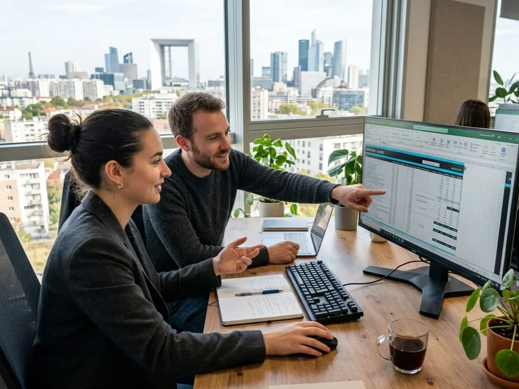Experte analysant un tableau de bord SEO pour guider les clients avant leur prise de contact.