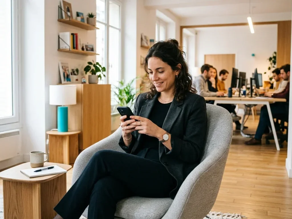 Entrepreneuse pointant un commerce sur une carte numérique pour illustrer la visibilité géographique locale.