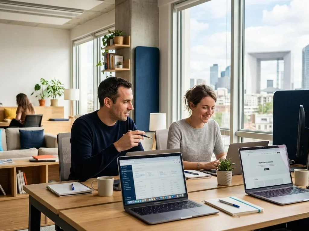 Consultant SEO et cliente analysant des graphiques de performance sur tablette à Nanterre.