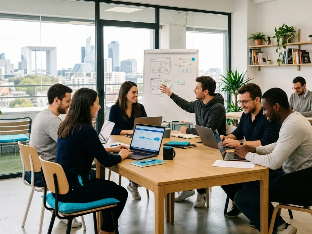 Consultante SEO analysant des données sectorielles sur une tablette futuriste à La Défense.