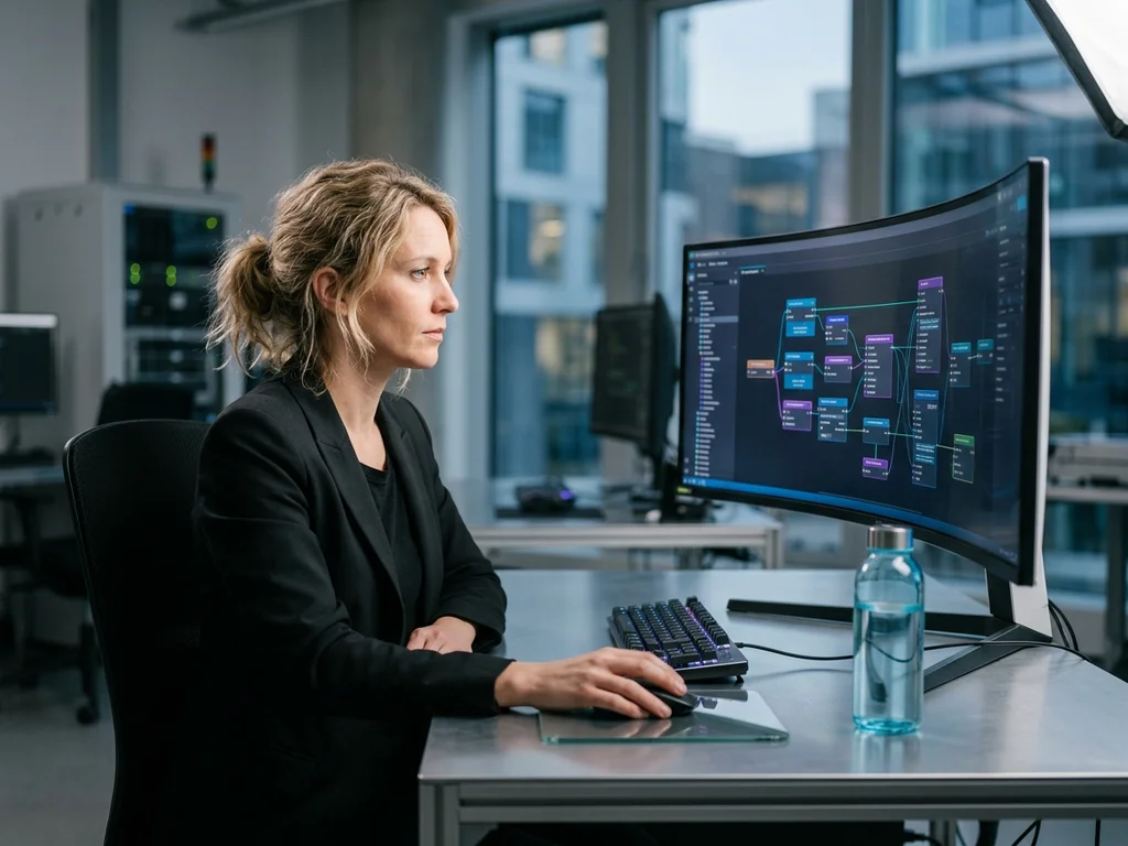 Développeuse configurant un flux d'automatisation complexe sur un écran ultra-large dans un bureau moderne.