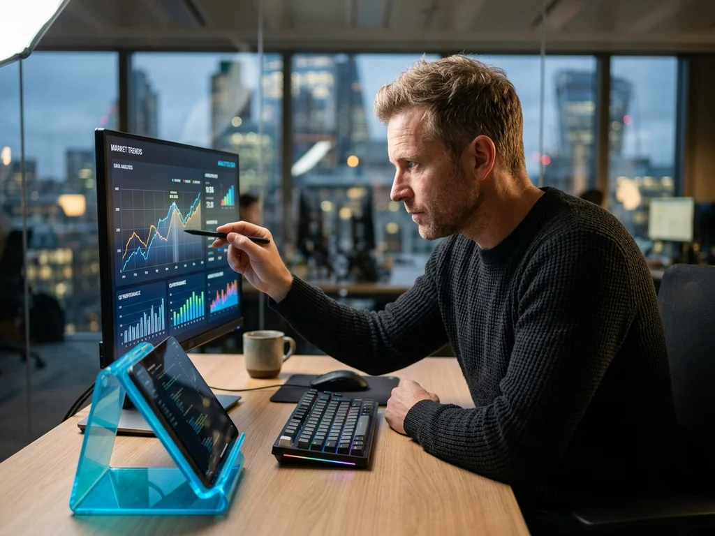 Un consultant SEO à Nanterre examine des graphiques de performance sur un écran haute technologie.