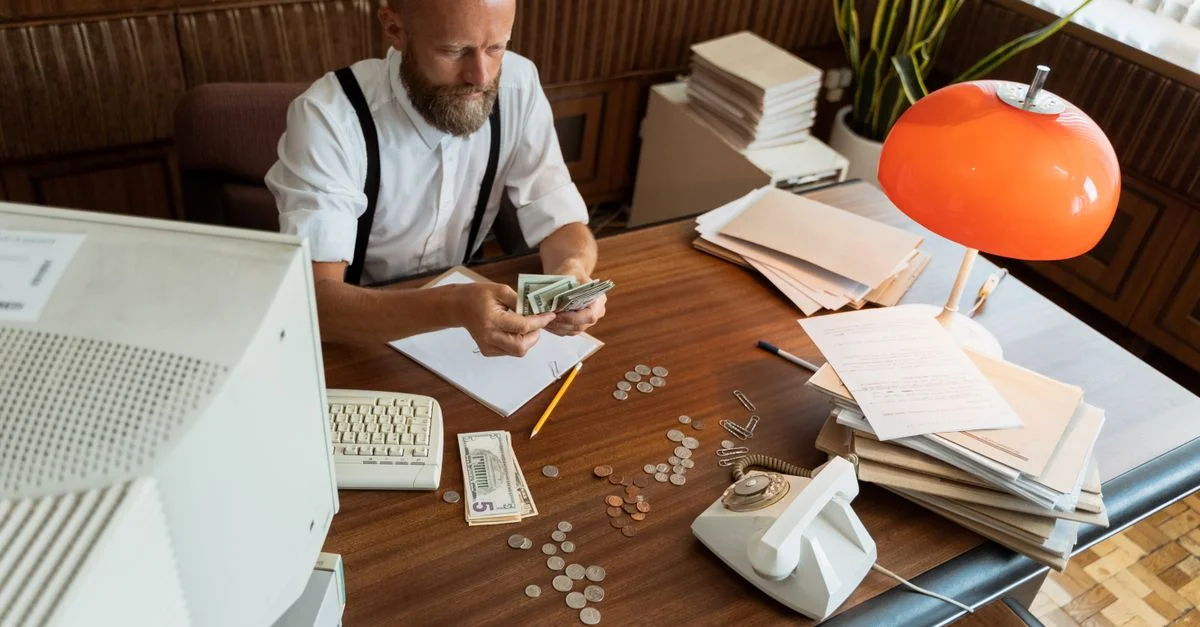 Homme avec une barbe dans un bureau vintage comptant des espèces et des pièces sur un bureau avec un ordinateur rétro et un téléphone.